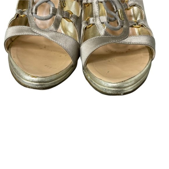 ROBERTO CAVALLI Women's Gold Satin Leather Strappy Lace Up Detail Heels Size37.5 - Picture 4 of 11